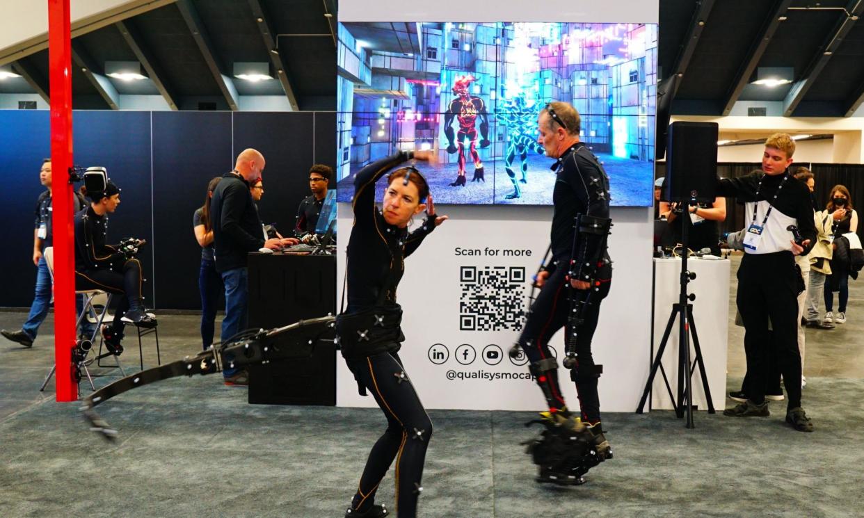 <span>An exhibitor demonstrates with a motion capture device during the 2024 Game Developers Conference in San Francisco, California.</span><span>Photograph: Xinhua/REX/Shutterstock</span>