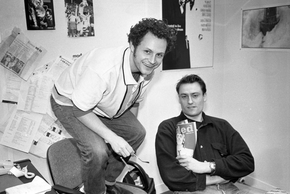 James Brown and Trim Southwell while inventing 'Loaded' magazine at IPC, 1994. Tim is holding a mock-up of the first ever 'Loaded' magazine.  (Photo by Martyn Goodacre/Getty Images)