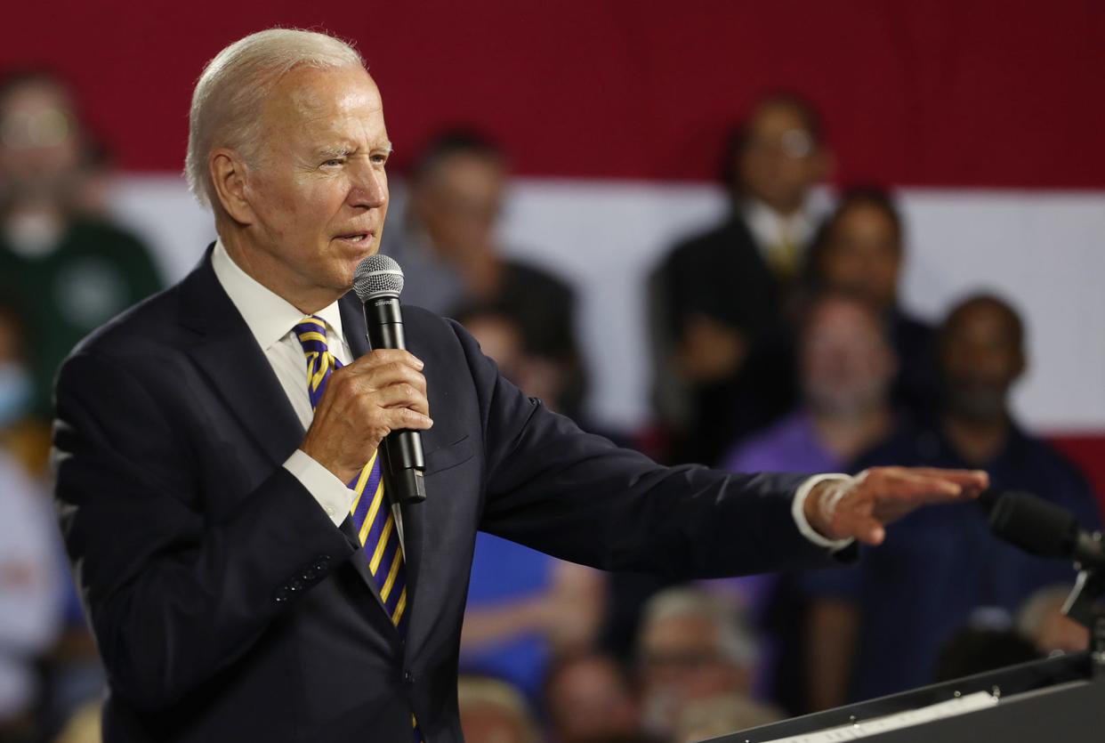 President Joe Biden delivers a speech at Max S. Hayes High School in Cleveland.