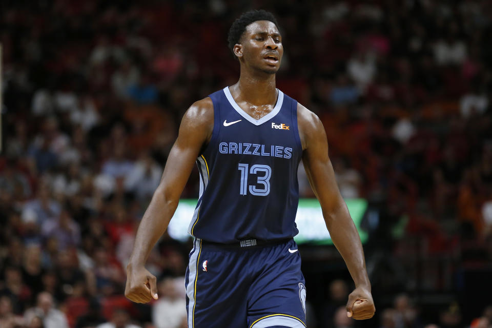 Jaren Jackson Jr. #13 of the Memphis Grizzlies reacts against the Miami Heat 