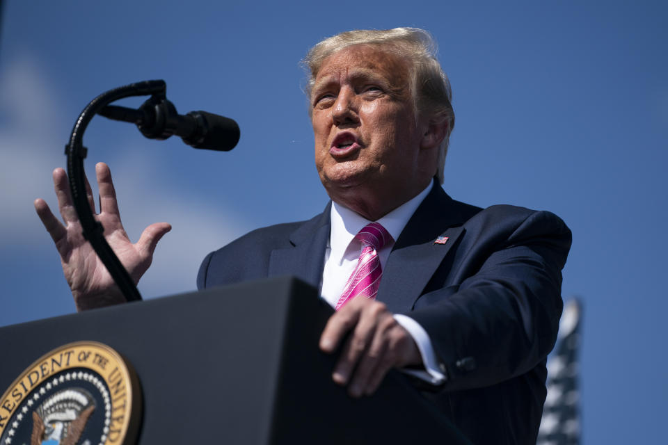 President Donald Trump speaks during a campaign rally at Robeson County Fairgrounds, Saturday, Oct. 24, 2020, in Lumberton, N.C. (AP Photo/Evan Vucci)