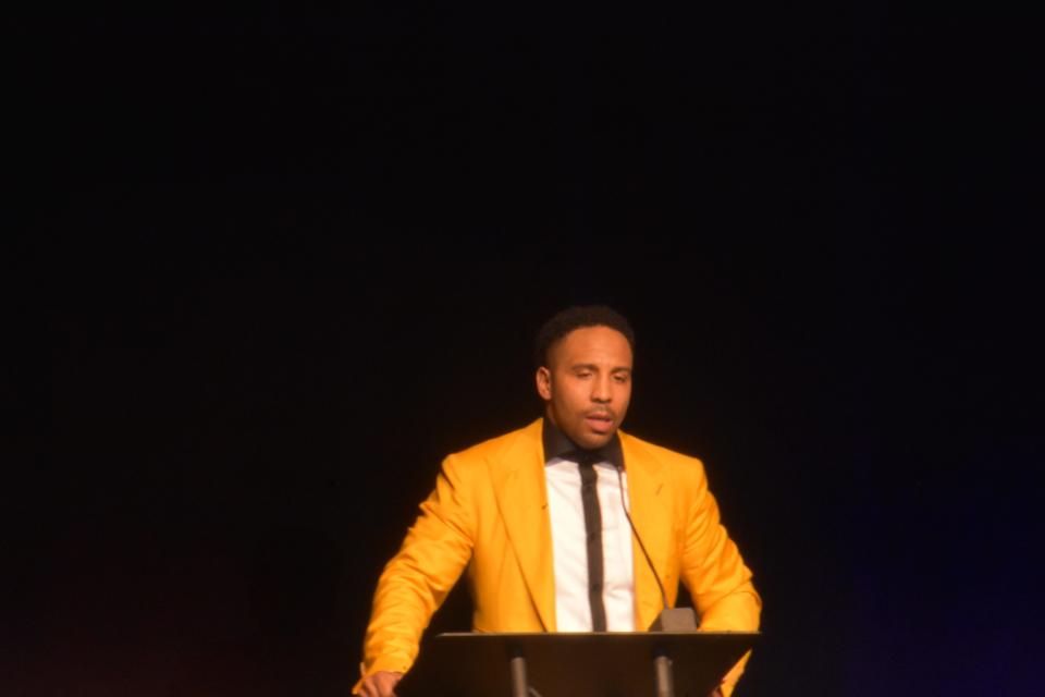 Andre Ward addresses the crowd during his Boxing Hall of Fame Induction Speech on Sunday, June 12, 2022, at Turning Stone in Verona, New York.
