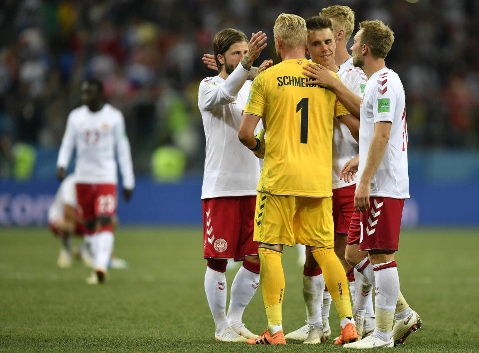 <p>Despite saving three penalties – one in extra time and two more in the shootout – Kasper Schmeichel couldn’t prevent Denmark from losing </p>