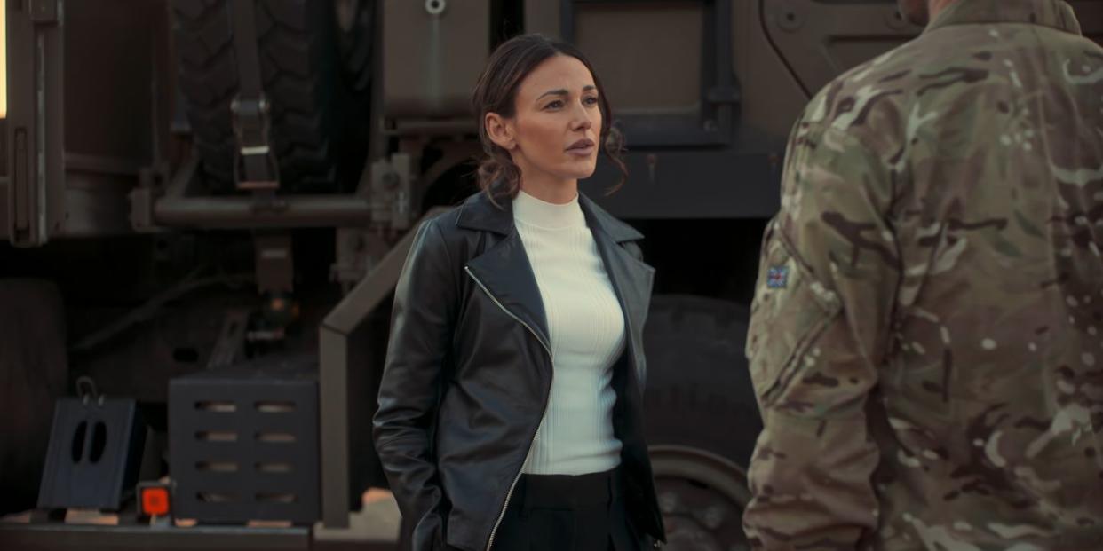 michelle keegan as maya stern wearing vince leather cross front moto jacket in fool me once