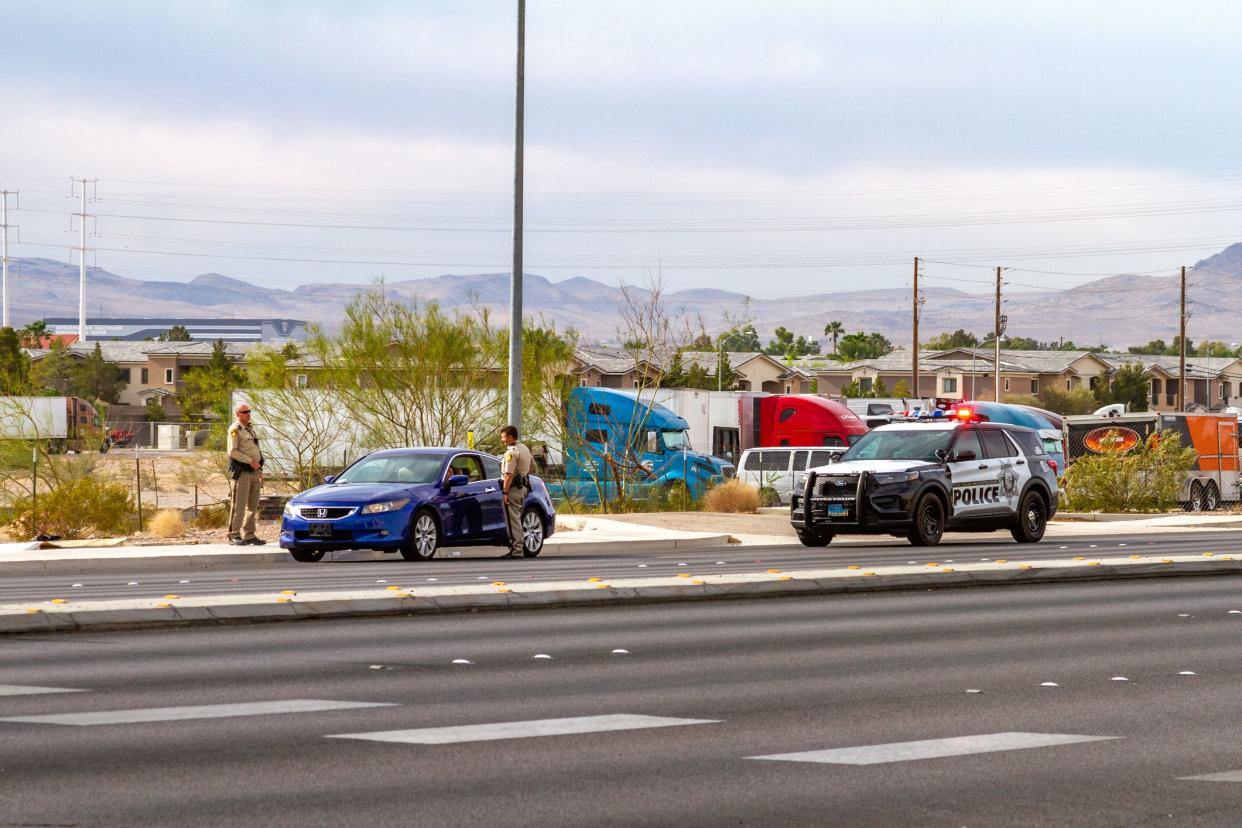 Las Vegas, NV, USA – June 7, 2021: Las Vegas Metro Police officers conduct a traffic stop on South Las Vegas Boulevard in Las Vegas, Nevada.