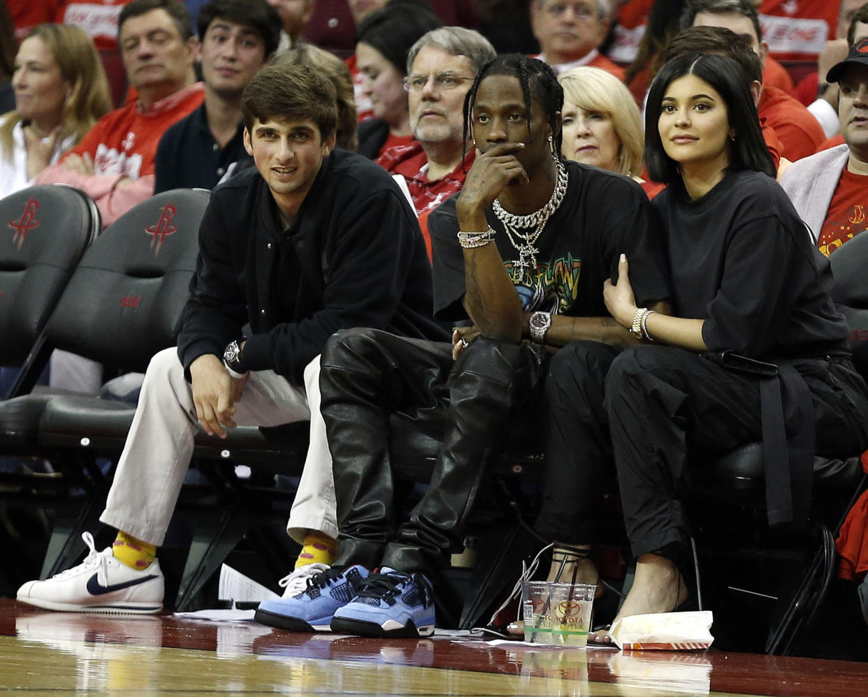 Travis Scott and Kylie Jenner watch the Western Conference playoffs together on April 18.&nbsp;