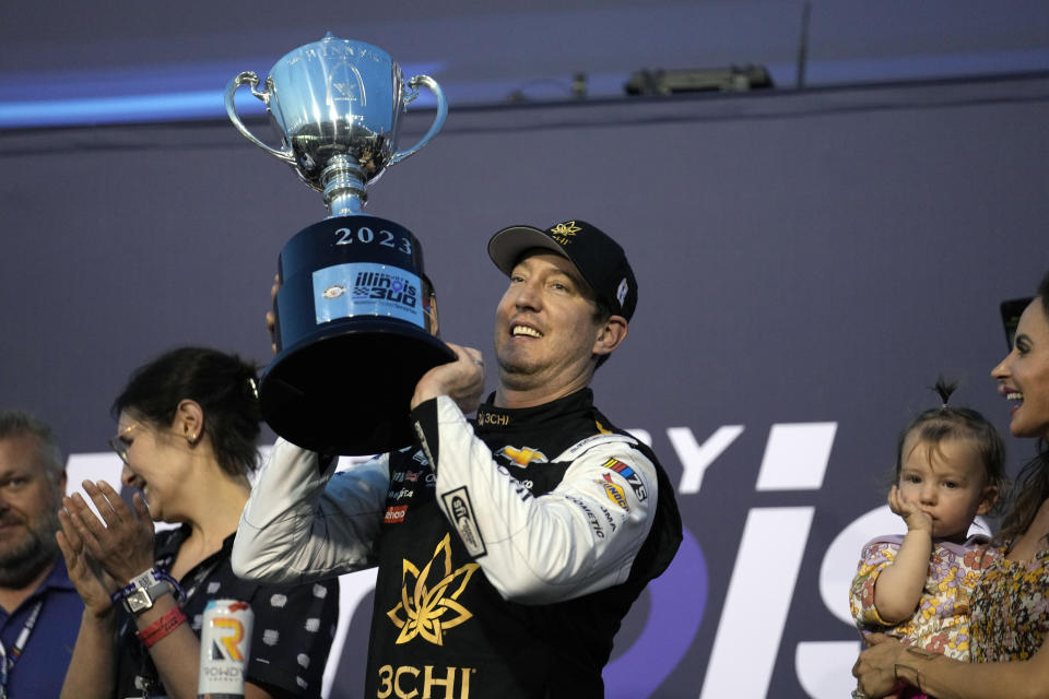 Kyle Busch celebrates after winning a NASCAR Cup Series auto race at World Wide Technology Raceway, Sunday, June 4, 2023, in Madison, Ill. (AP Photo/Jeff Roberson)