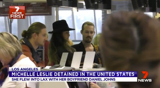 Michelle Leslie has now been detained at LAX Airport while travelling with boyfriend Daniel Johns. Photo: 7 News