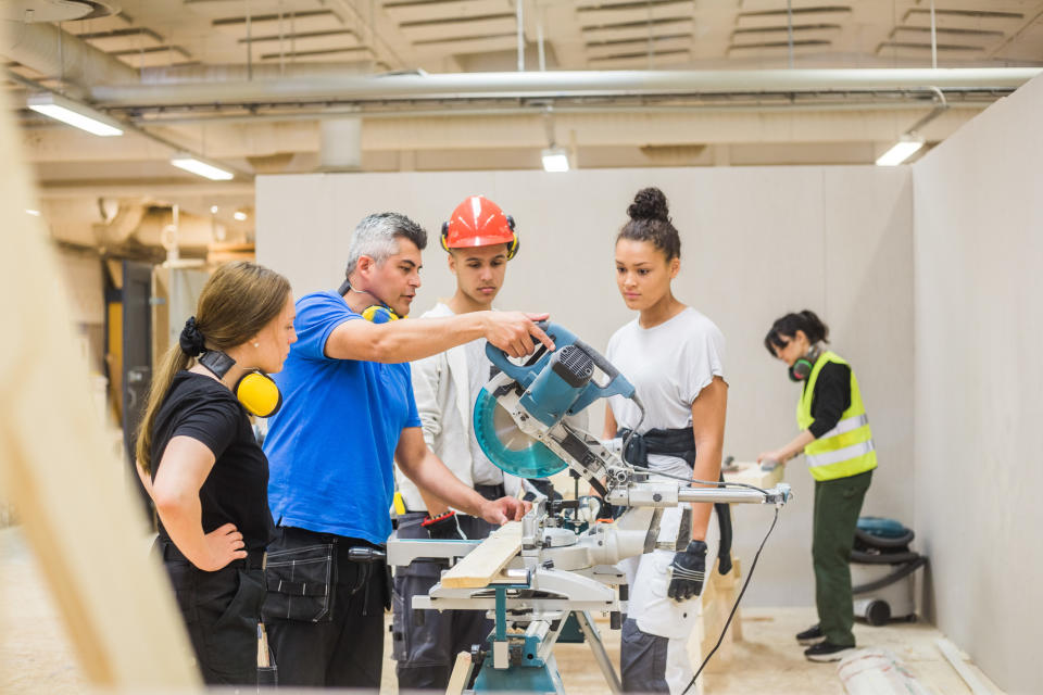 students in a wood shop