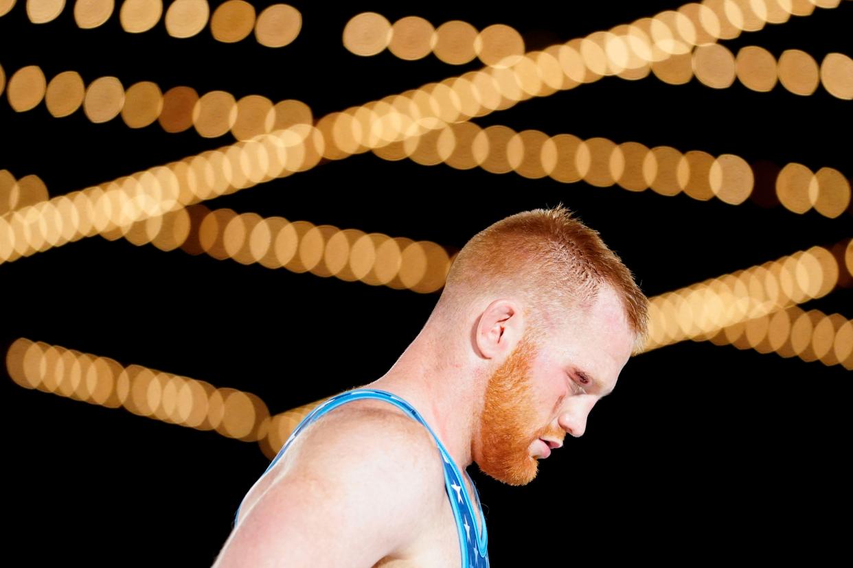 Chance Marsteller paces during an injury time out in the first round of Final X NYC wrestling at the Hulu Theater at Madison Square Garden on Wednesday, June 8, 2022.
