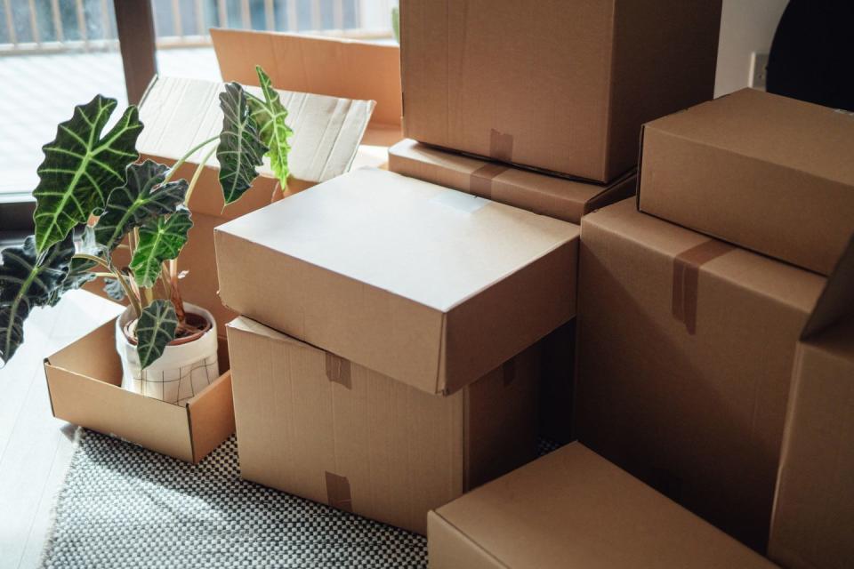 close up of living home with cardboard boxes