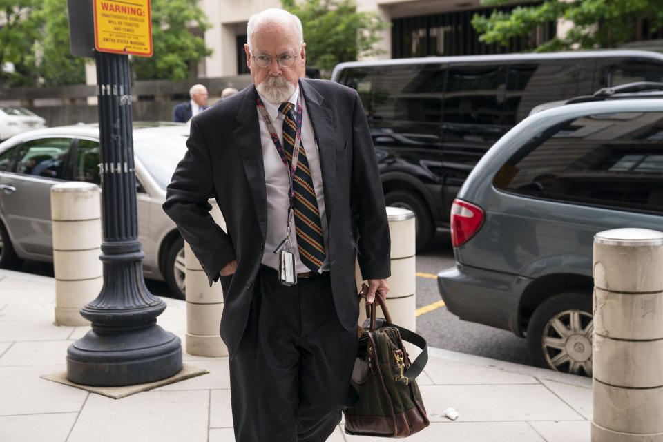 Special counsel John Durham the prosecutor appointed to investigate potential government wrongdoing in the early days of the Trump-Russia probe, arrives to the E. Barrett Prettyman Federal Courthouse, Monday, May 16, 2022, in Washington. (AP Photo/Evan Vucci)