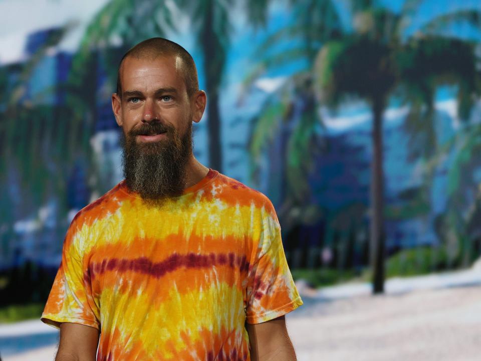 Jack Dorsey wearing tie-dye shirt onstage