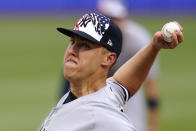 New York Yankees starting pitcher Jameson Taillon delivers during the first inning of the team's baseball game against the Pittsburgh Pirates in Pittsburgh, Tuesday, July 5, 2022. (AP Photo/Gene J. Puskar)