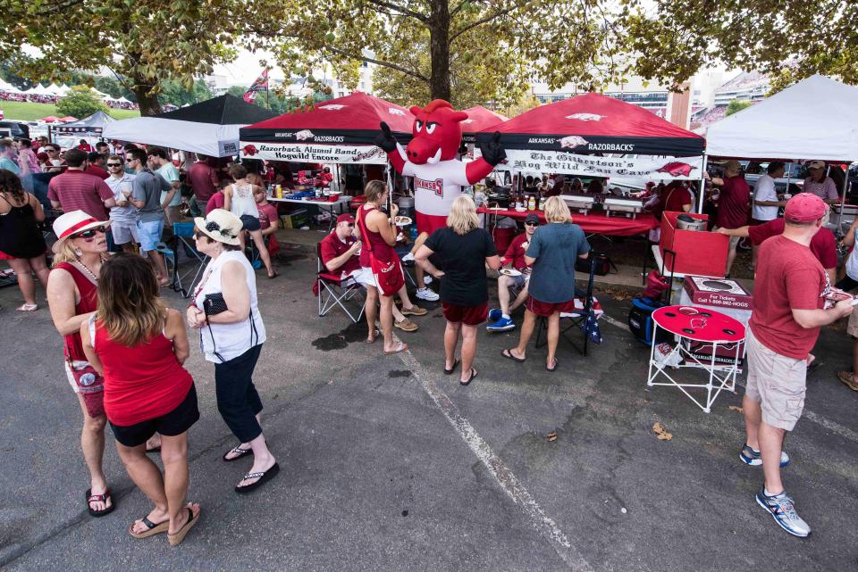 Sep 5, 2015; Fayetteville, AR, USA; A view of fans tailgating before the game between the Arkansas Razorbacks and the UTEP Miners at Donald W. Reynolds Razorback Stadium. Mandatory Credit: Jerome Miron-USA TODAY Sports