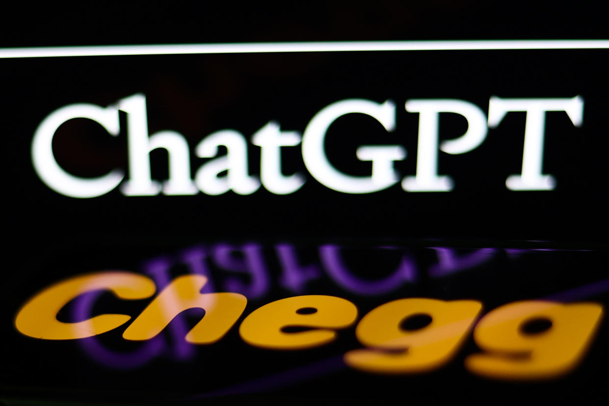 ChatGPT sign on OpenAI website displayed on a laptop screen and Chegg logo displayed on a phone screen are seen in this illustration photo taken in Krakow, Poland on May 4, 2023. (Photo by Jakub Porzycki/NurPhoto via Getty Images)