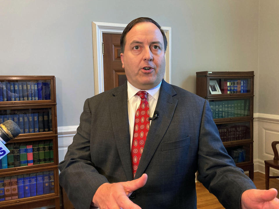 FILE - Missouri Secretary of State Jay Ashcroft speaks to reporters, June 29, 2022, at his state Capitol office in Jefferson City, Mo. A Missouri appeals court on Tuesday, Oct. 31, 2023, ruled against summaries — written by Republican Secretary of State Ashcroft — that described several abortion-rights amendments as allowing “dangerous and unregulated abortions until live birth.” (AP Photo/David A. Lieb, File)