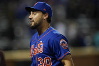 New York Mets' Michael Conforto (30) leaves the field after a baseball game against the Miami Marlins, Thursday, Sept. 30, 2021, in New York. (AP Photo/Frank Franklin II)