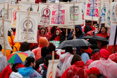 Students attend a march by some of the more than 30,000 teachers in the Los Angeles public school system who held a rally at the City Hall after going on strike in Los Angele, California, U.S., January 14, 2019. REUTERS/Mike Blake