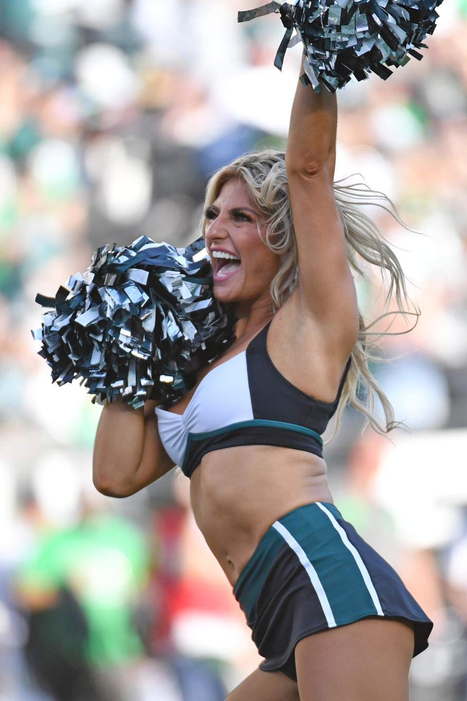 Oct 1, 2023; Philadelphia, Pennsylvania, USA; Philadelphia Eagles cheerleader performs against the Washington Commanders during the fourth quarter at Lincoln Financial Field. Mandatory Credit: Eric Hartline-USA TODAY Sports