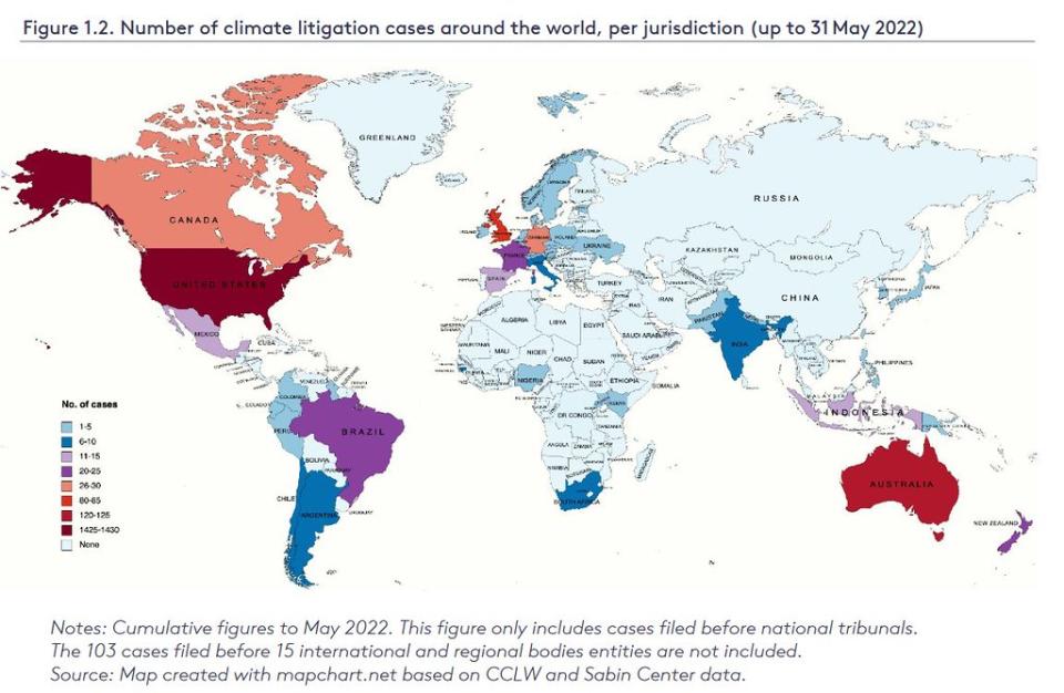 氣候訴訟案件的全球分布。圖片來源：2022氣候變遷訴訟全球趨勢圖片來源：2022氣候變遷訴訟全球趨勢