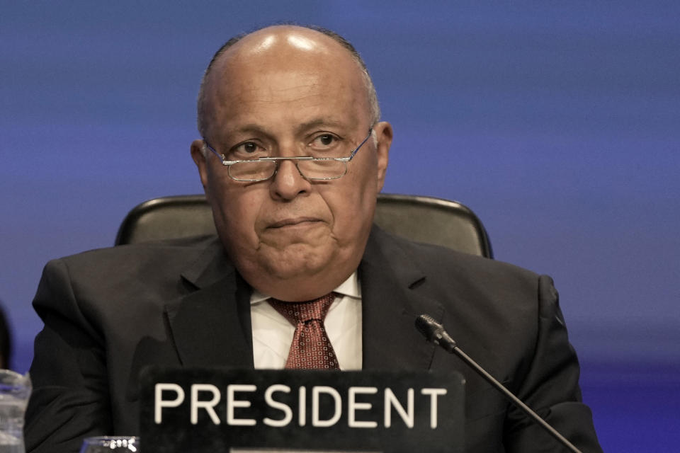 Sameh Shoukry, president of the COP27 climate summit, listens during a closing plenary session at the summit, Thursday, Nov. 17, 2022, in Sharm el-Sheikh, Egypt. (AP Photo/Nariman El-Mofty)