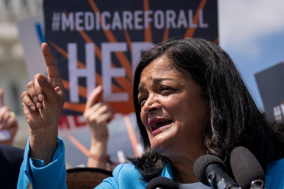 Rep. Pramila Jayapal, D-Wash., speaks during a news conference to announce the reintroduction of the Medicare For All Act of 2023, outside the U.S. Capitol on Wednesday in Washington.