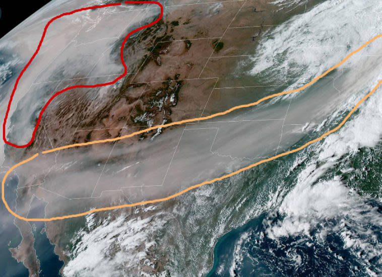 A satellite image shows smoke from the Western wildfires stretching as far east as Michigan. / Credit: The National Weather Service Weather Prediction Center