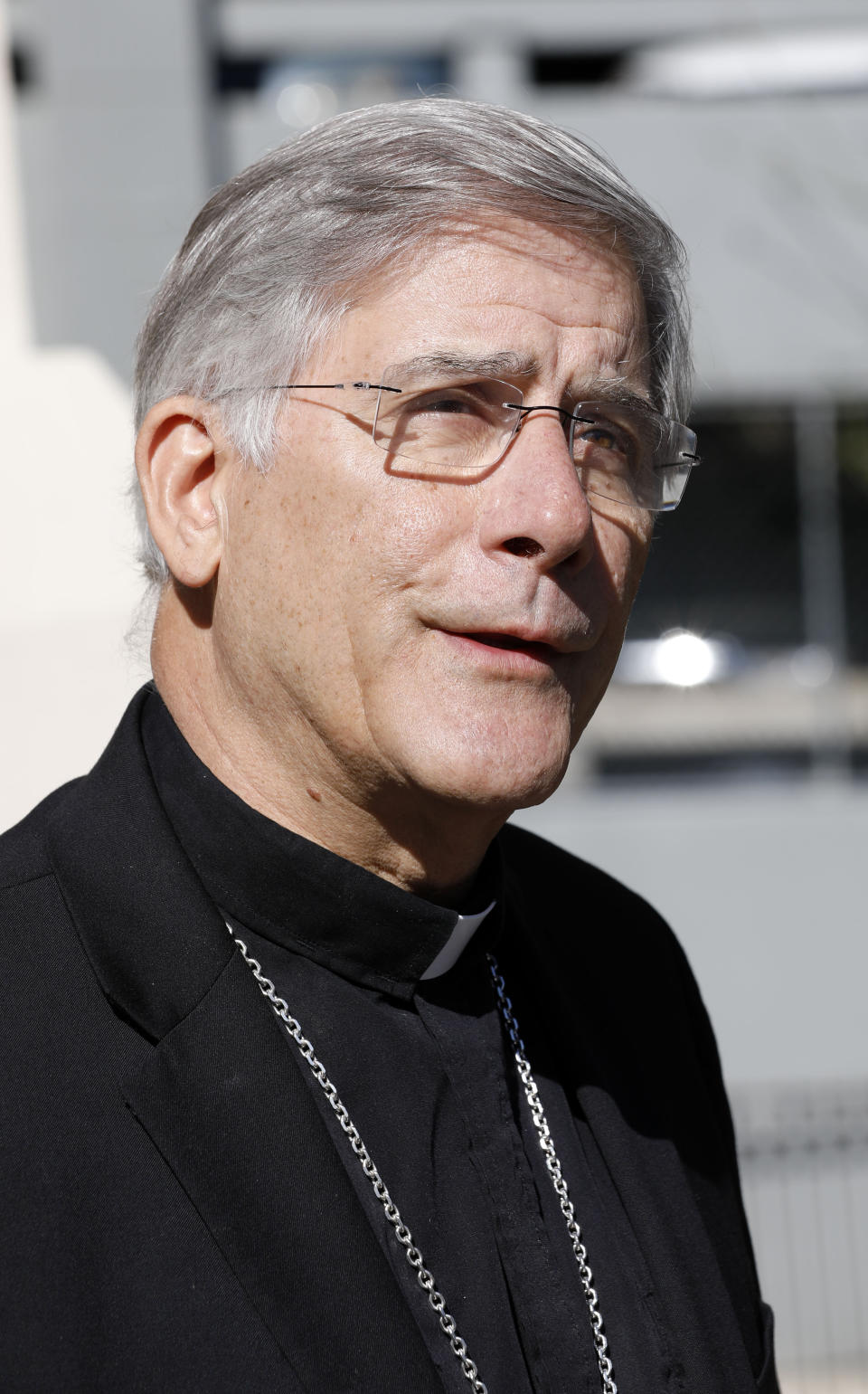 Bishop Joseph Kopacz speaks about the Diocese of Jackson releasing names of clergy members it says have been credibly accused of sexual abuse on its website, during a news conference in the parking lot of The Cathedral of St. Peter the Apostle Catholic Church, in Jackson, Miss., Tuesday, March 19, 2019. (AP Photo/Rogelio V. Solis)