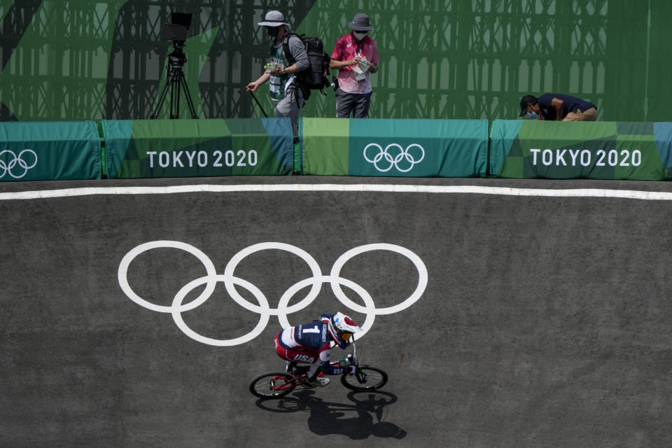 Alise Willoughby of the United States competes in the women's BMX Racing quarterfinals at the 2020 Summer Olympics, Thursday, July 29, 2021, in Tokyo, Japan. (AP Photo/Ben Curtis)