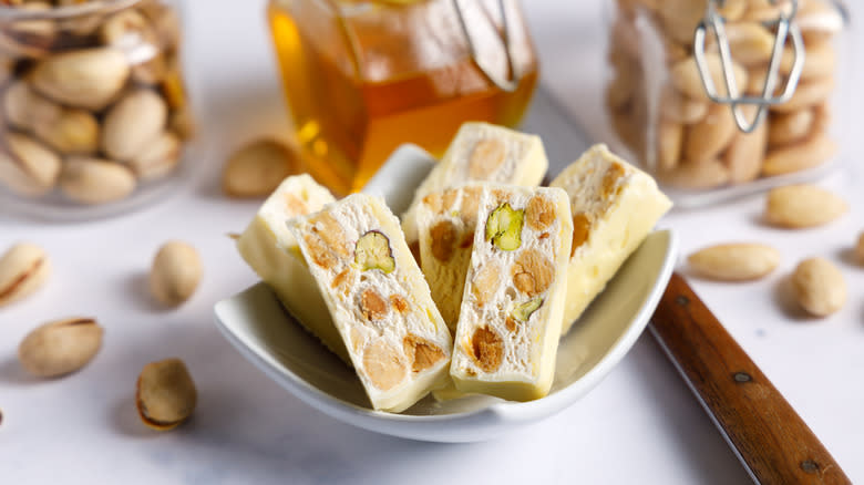 bowl of nougat pieces on table