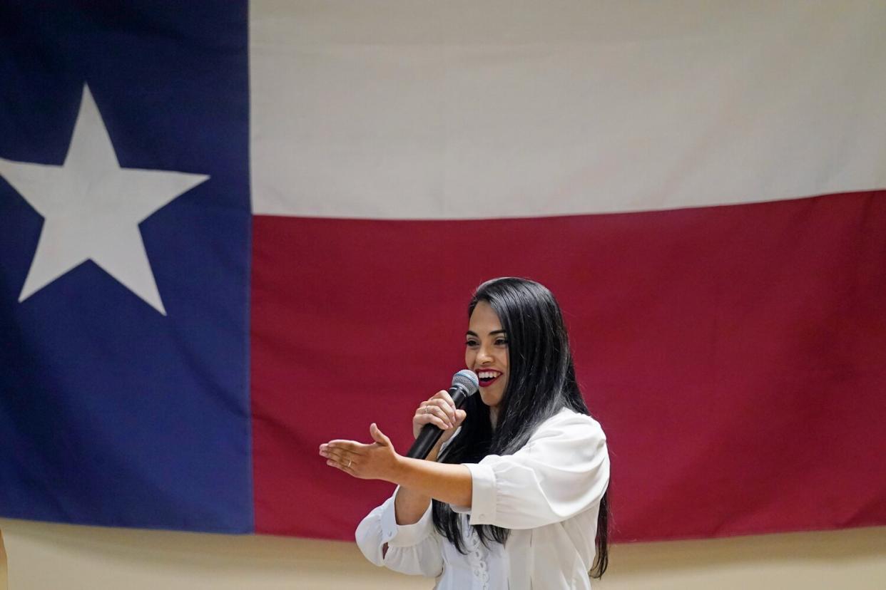 In this Wednesday, Sept. 22, 2021, photo Republican congressional candidate Mayra Flores speaks at a Cameron County Conservatives event in Brownsville, Texas. Flores argues that Democrats are forcing Texans choose between their energy sector jobs and curbing climate change.