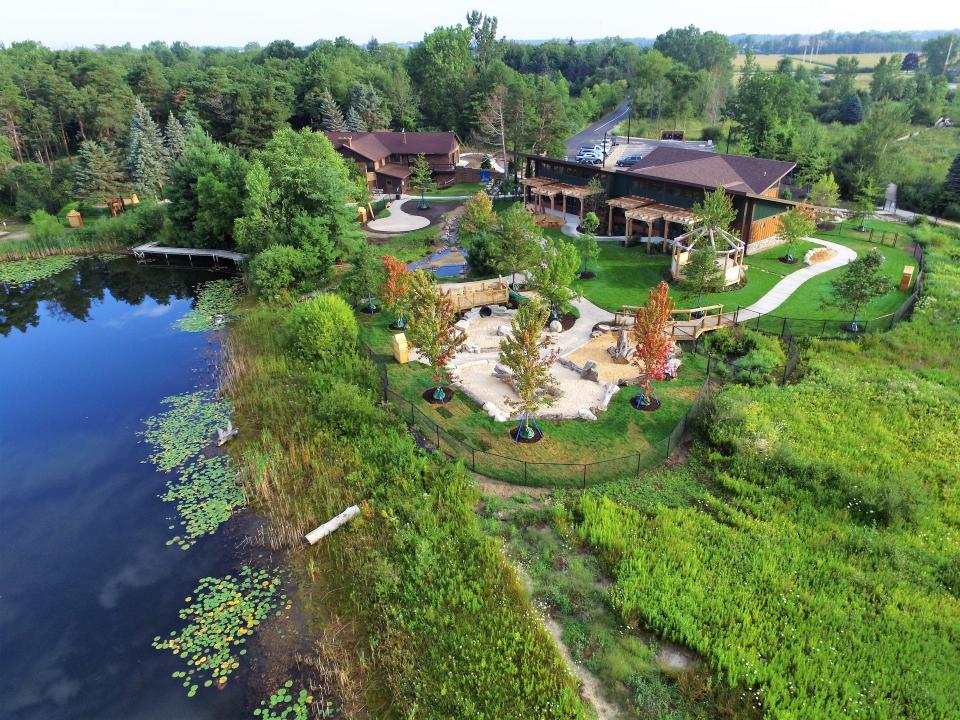 An aerial view of the nature play scape at Little Hawks Discovery Preschool, also run by the Outdoor Discovery Center.