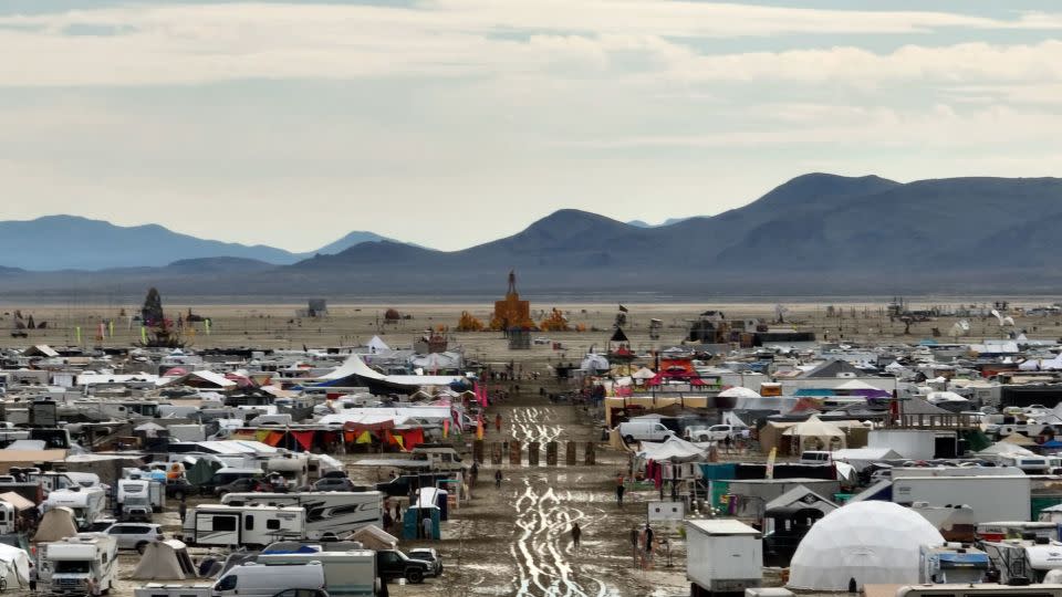 A still from a drone video shows waterlogged campsites at Burning Man on Saturday, September 2, 2023. - Kyle M.