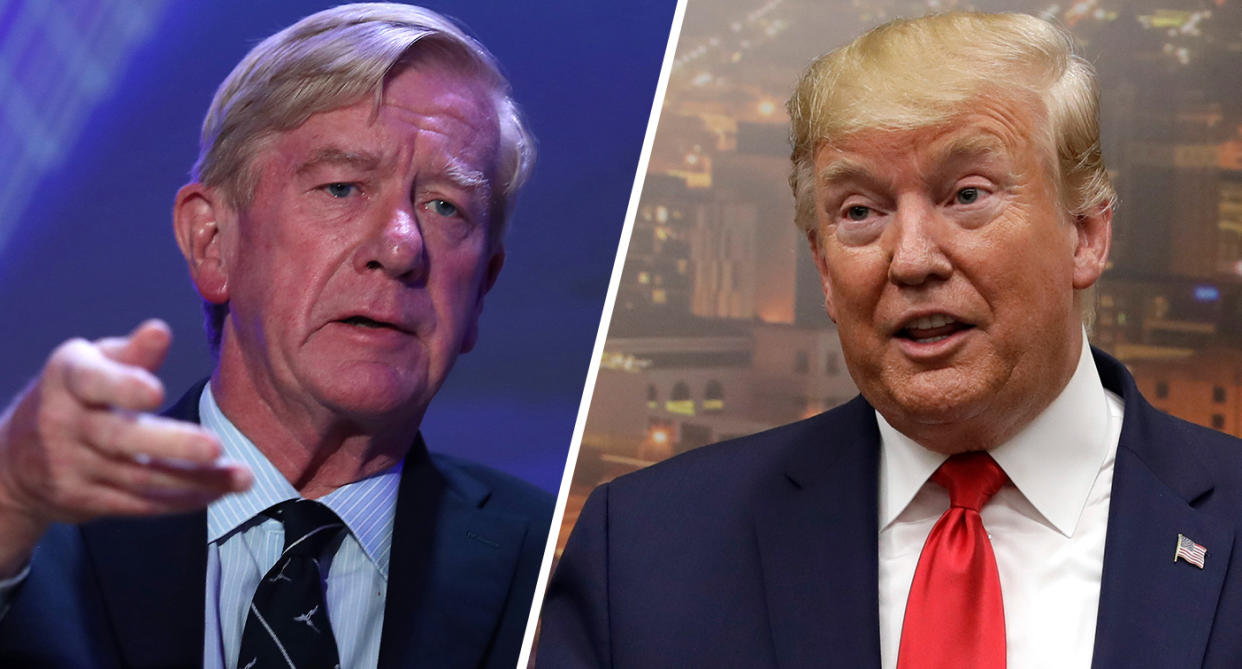 Republican presidential candidate former Massachusetts Governor Bill Weld (R-MA) and President Donald Trump speaks to the media as he visits the El Paso Regional Communications Center after meeting with people affected by the El Paso mass shooting. (Photos: Joe Raedle/Getty Images, Evan Vucci/AP)
