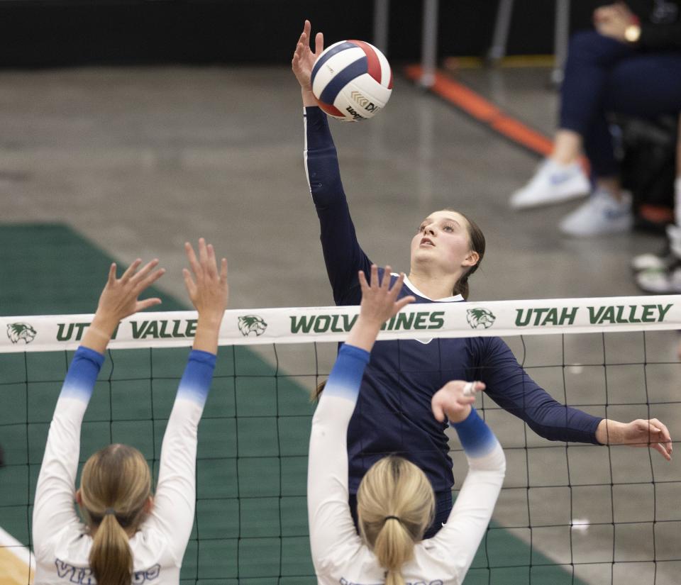 Corner Canyon’s Elina Mortensen returns the ball to Pleasant Grove during 6A volleyball state tournament quarterfinals at Utah Valley University in Orem on Thursday, Nov. 2, 2023. | Laura Seitz, Deseret News