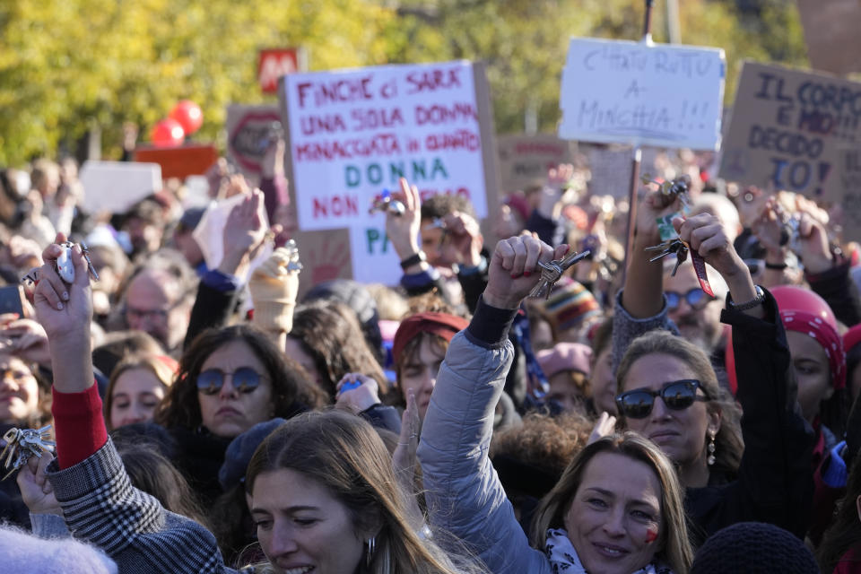 Women show keys as they gather on the occasion of International Day for the Elimination of Violence against Women, in Milan, Italy, Saturday, Nov.25, 2023. Thousands of people are expected to take the streets in Rome and other major Italian cities as part of what organizers call a "revolution" under way in Italians' approach to violence against women, a few days after the horrifying killing of a college student allegedly by her resentful ex-boyfriend sparked an outcry over the country's "patriarchal" culture. (AP Photo/Luca Bruno)