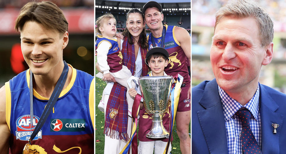 Kane Cornes alongside Eric Hipwood and Dayne Zorko.