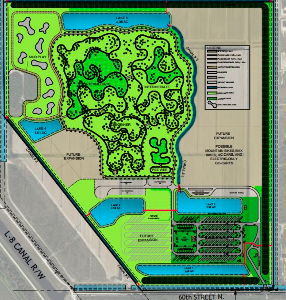 This rendering shows the layout of the 200-acre ATV Park that GL Homes it is proposing to build next to the Santa Rosa Groves community as part of its deal to build residences within Palm Beach County's Agricultural Reserve.