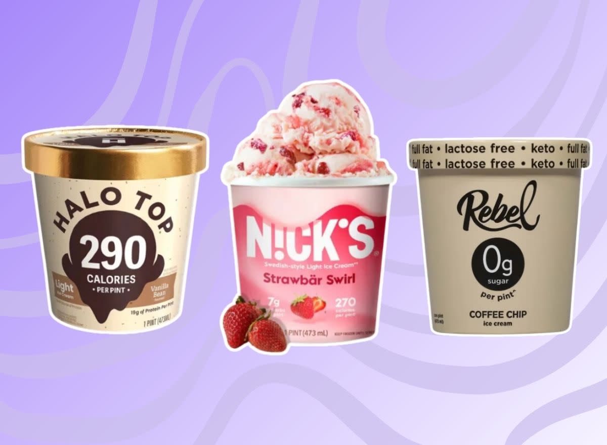 three cartons of ice cream on a purple background