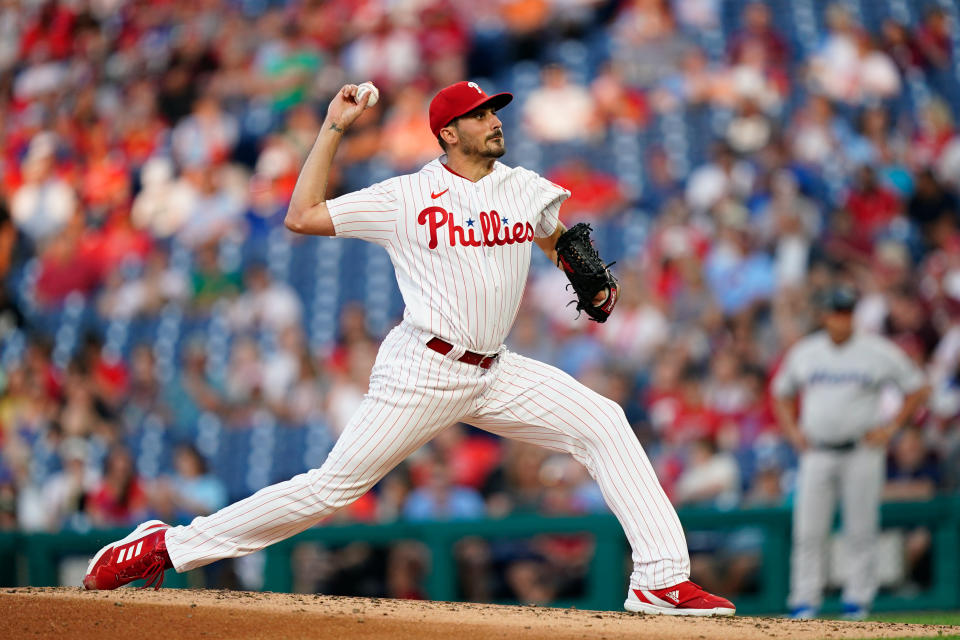 Philadelphia Phillies' Zach Eflin pitches during the third inning of the team's baseball game against the Miami Marlins, Tuesday, June 14, 2022, in Philadelphia. (AP Photo/Matt Rourke)