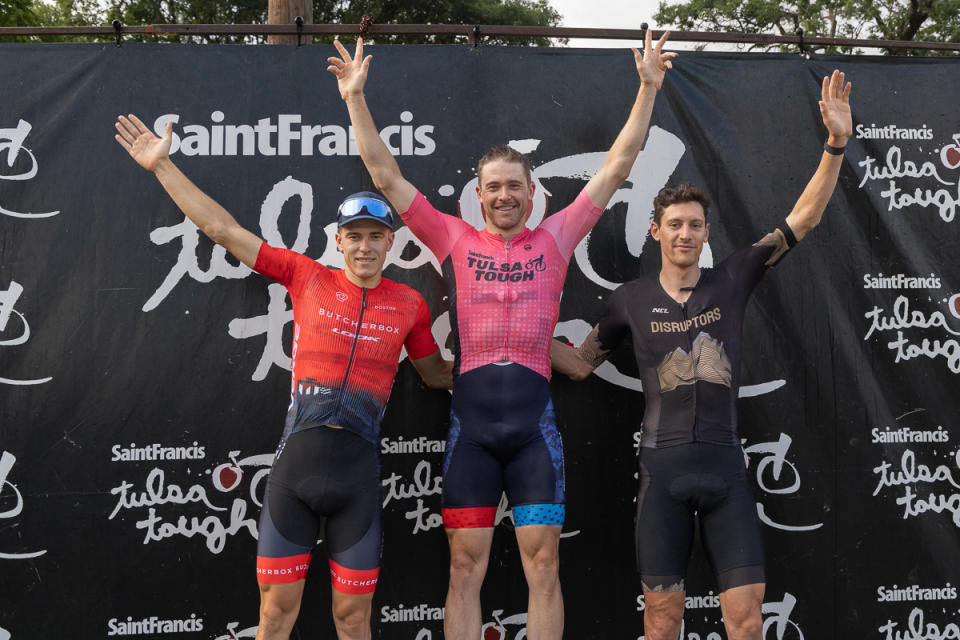 Men's Tulsa Tough overall omnium podum (L to R): Dusan Kalaba (ButcherBox) second, winner Danny Summerhill (American Cycling) and Noah Granigan (Denver Disruptors)