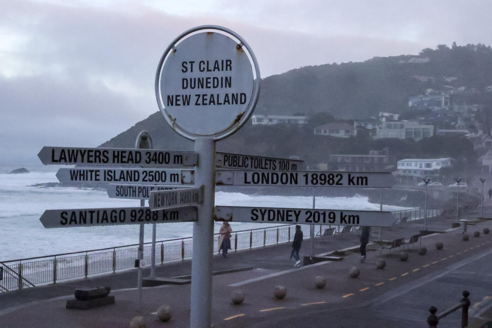 St Clair Beach is just ten minutes from central Dunedin is home to swimmers, surfers, and visitors looking to dine waterside, Monday July 24, 2023. Women's World Cup host city Dunedin, at latitude of 45.88 degrees South is the southernmost city to ever host a World Cup tournament, men's or women's. (AP Photo/Matthew Gelhard)