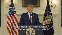 This exhibit from video released by the House Select Committee, shows President Donald Trump recording a video statement at the White House on Jan. 7, 2021, that was played at a hearing by the House select committee investigating the Jan. 6 attack on the U.S. Capitol, Thursday, July 21, 2022, on Capitol Hill in Washington. (House Select Committee via AP)