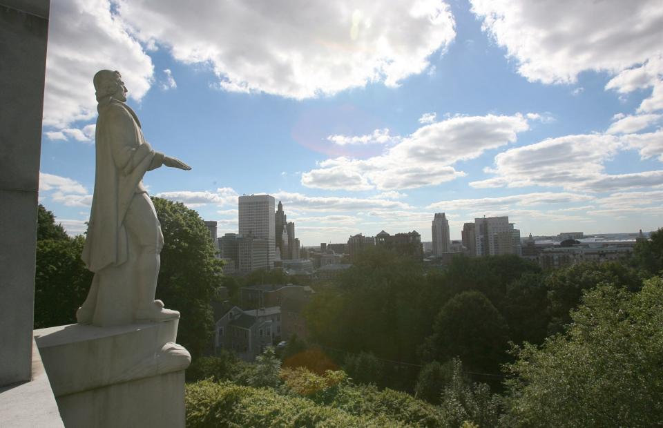 The statue of Roger Williams overlooks downtown Providence from the heights of Prospect Terrace Park.