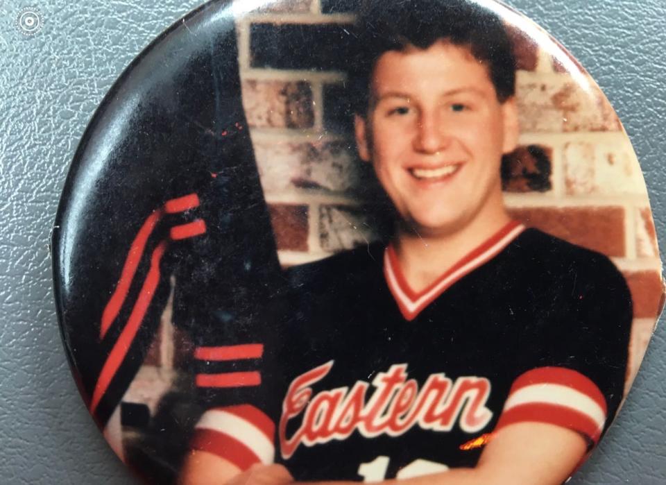 A fan button featuring John Gliva, of Eastern Greene High School.