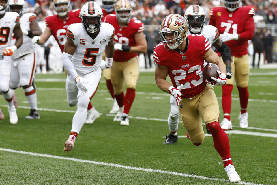 Christian McCaffrey scored yet another touchdown in NFL Week 6 but was ruled out of the 49ers' game against the Browns. (AP Photo/Ron Schwane)