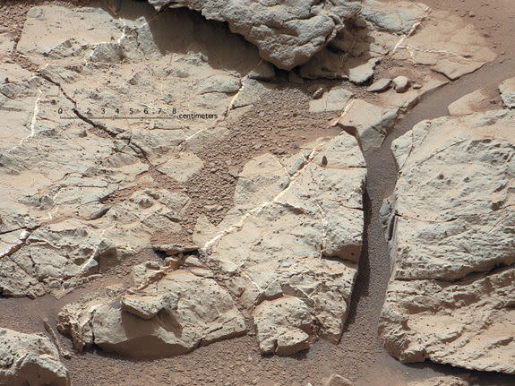This image of an outcrop at the "Sheepbed" locality, taken by NASA's Curiosity Mars rover with its right Mast Camera (Mastcam), shows show well-defined veins filled with whitish minerals, interpreted as calcium sulfate. Image released Jan. 15,