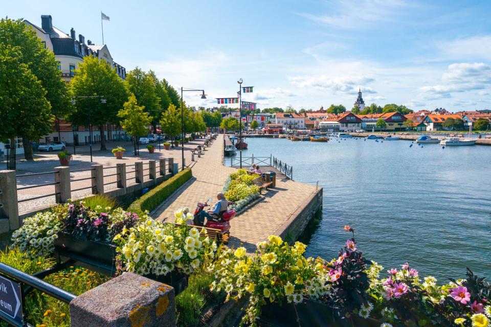 Cityscape of Vastervik with Church tower on the horizon and city bay in the front. Sunny summer day in southern Sweden