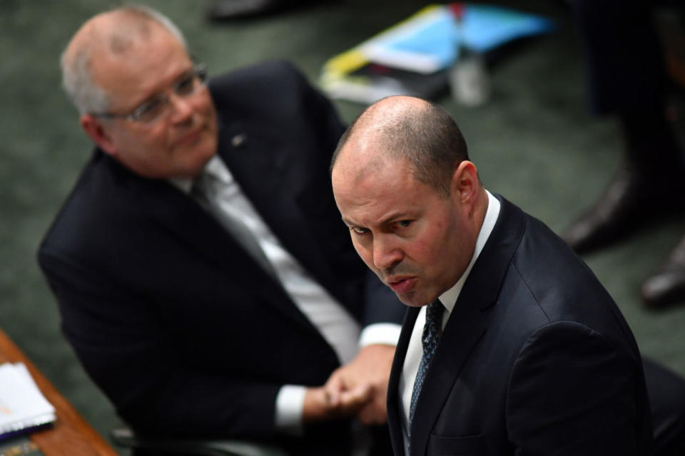 CANBERRA, AUSTRALIA - MAY 13: Treasurer Josh Frydenberg (right) alongside Prime Minister Scott Morrison (left). (Photo by Sam Mooy/Getty Images)